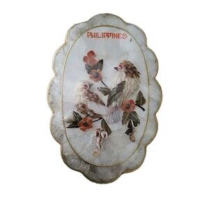 2 Vintage Capiz Shell Scalloped Seashell Art Birds Floral Phillipines Sealed GUC